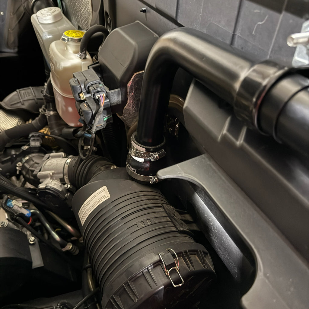 Close-up of installed Over the Top Intake and surrounding components.